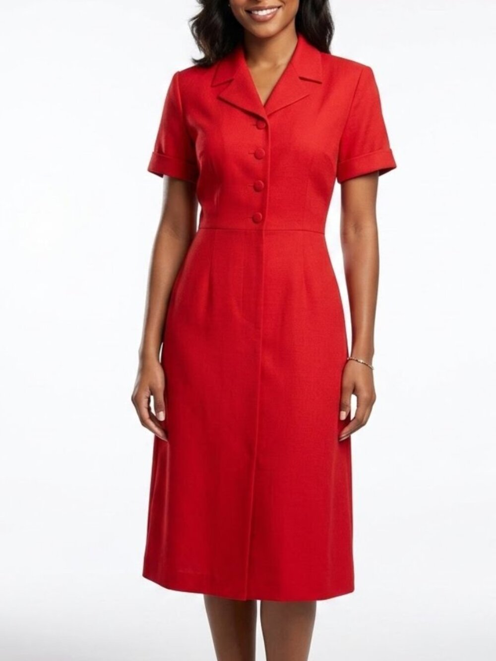 Jessica Howard Vintage 90s Red Linen Blend Button Front Midi Shirt Dress Sz 8